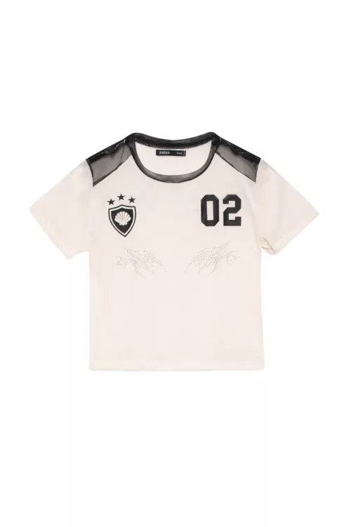 REMERA ESCOTE REDONDO, CON ESTAMPA Y STRASS, TELA MICROTUL