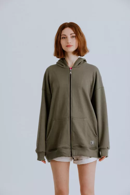 CAMPERA OVER LARGA CON CAPUCHA Y BOLSILLOS DELANTEROS , TELA RUSTICO DE ALGODÓN